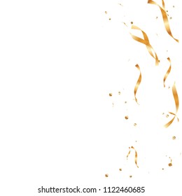  Gold confetti, ribbons. Falling glitter. Bokeh background. Abstract golden anniversary invitation template. Wedding concept card. Flying abstract particles. Explosion celebrate card.