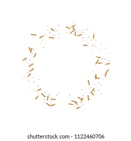  Gold confetti, ribbons. Falling glitter. Bokeh background. Abstract golden anniversary invitation template. Wedding concept card. Flying abstract particles. Explosion celebrate card.