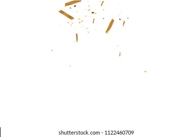  Gold confetti, ribbons. Falling glitter. Bokeh background. Abstract golden anniversary invitation template. Wedding concept card. Flying abstract particles. Explosion celebrate card.