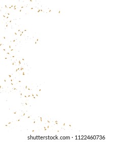  Gold confetti, ribbons. Falling glitter. Bokeh background. Abstract golden anniversary invitation template. Wedding concept card. Flying abstract particles. Explosion celebrate card.