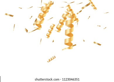  Gold confetti, ribbons. Falling glitter. Bokeh background. Abstract golden anniversary invitation template. Wedding concept card. Flying abstract particles. Explosion celebrate card.