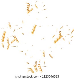  Gold confetti, ribbons. Falling glitter. Bokeh background. Abstract golden anniversary invitation template. Wedding concept card. Flying abstract particles. Explosion celebrate card.