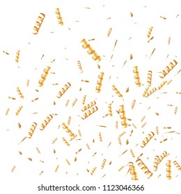  Gold confetti, ribbons. Falling glitter. Bokeh background. Abstract golden anniversary invitation template. Wedding concept card. Flying abstract particles. Explosion celebrate card.