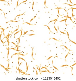  Gold confetti, ribbons. Falling glitter. Bokeh background. Abstract golden anniversary invitation template. Wedding concept card. Flying abstract particles. Explosion celebrate card.