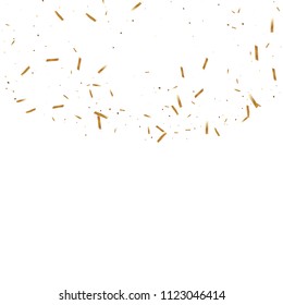  Gold confetti, ribbons. Falling glitter. Bokeh background. Abstract golden anniversary invitation template. Wedding concept card. Flying abstract particles. Explosion celebrate card.