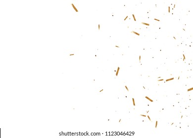  Gold confetti, ribbons. Falling glitter. Bokeh background. Abstract golden anniversary invitation template. Wedding concept card. Flying abstract particles. Explosion celebrate card.