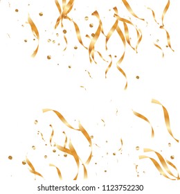  Gold confetti, ribbons. Falling glitter. Bokeh background. Abstract golden anniversary invitation template. Wedding concept card. Flying abstract particles. Explosion celebrate card.