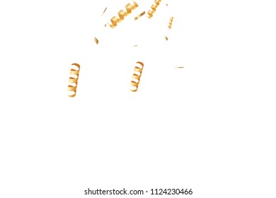  Gold confetti, ribbons. Falling glitter. Bokeh background. Abstract golden anniversary invitation template. Wedding concept card. Flying abstract particles. Explosion celebrate card.