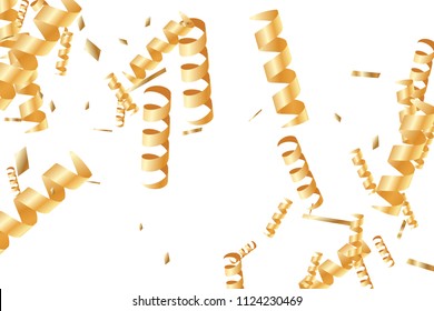  Gold confetti, ribbons. Falling glitter. Bokeh background. Abstract golden anniversary invitation template. Wedding concept card. Flying abstract particles. Explosion celebrate card.