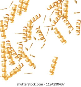  Gold confetti, ribbons. Falling glitter. Bokeh background. Abstract golden anniversary invitation template. Wedding concept card. Flying abstract particles. Explosion celebrate card.
