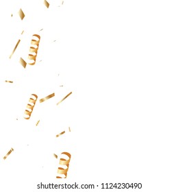  Gold confetti, ribbons. Falling glitter. Bokeh background. Abstract golden anniversary invitation template. Wedding concept card. Flying abstract particles. Explosion celebrate card.