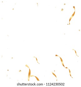  Gold confetti, ribbons. Falling glitter. Bokeh background. Abstract golden anniversary invitation template. Wedding concept card. Flying abstract particles. Explosion celebrate card.