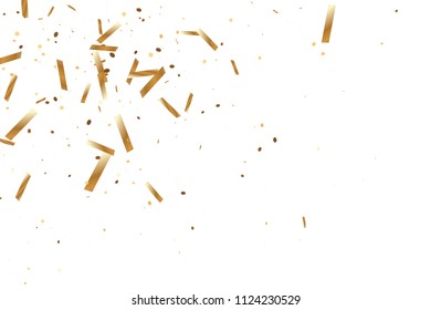  Gold confetti, ribbons. Falling glitter. Bokeh background. Abstract golden anniversary invitation template. Wedding concept card. Flying abstract particles. Explosion celebrate card.