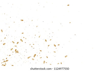  Gold confetti, ribbons. Falling glitter. Bokeh background. Abstract golden anniversary invitation template. Wedding concept card. Flying abstract particles. Explosion celebrate card.