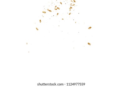 Gold confetti, ribbons. Falling glitter. Bokeh background. Abstract golden anniversary invitation template. Wedding concept card. Flying abstract particles. Explosion celebrate card.