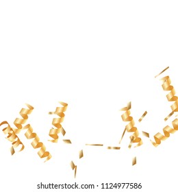  Gold confetti, ribbons. Falling glitter. Bokeh background. Abstract golden anniversary invitation template. Wedding concept card. Flying abstract particles. Explosion celebrate card.