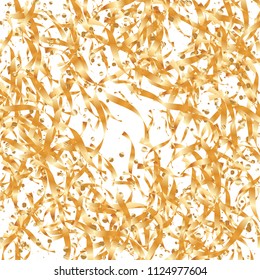  Gold confetti, ribbons. Falling glitter. Bokeh background. Abstract golden anniversary invitation template. Wedding concept card. Flying abstract particles. Explosion celebrate card.