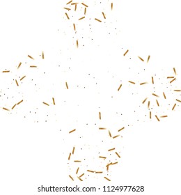  Gold confetti, ribbons. Falling glitter. Bokeh background. Abstract golden anniversary invitation template. Wedding concept card. Flying abstract particles. Explosion celebrate card.