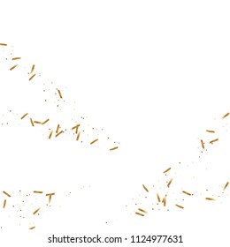  Gold confetti, ribbons. Falling glitter. Bokeh background. Abstract golden anniversary invitation template. Wedding concept card. Flying abstract particles. Explosion celebrate card.