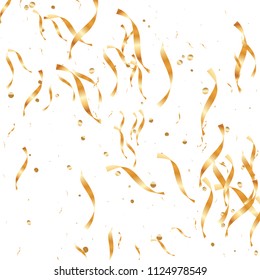  Gold confetti, ribbons. Falling glitter. Bokeh background. Abstract golden anniversary invitation template. Wedding concept card. Flying abstract particles. Explosion celebrate card.