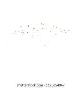  Gold confetti, ribbons. Falling glitter. Bokeh background. Abstract golden anniversary invitation template. Wedding concept card. Flying abstract particles. Explosion celebrate card.