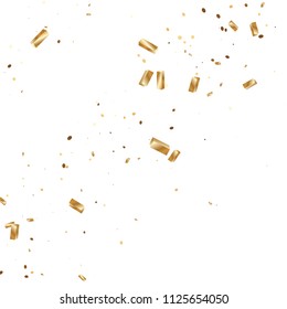  Gold confetti, ribbons. Falling glitter. Bokeh background. Abstract golden anniversary invitation template. Wedding concept card. Flying abstract particles. Explosion celebrate card.