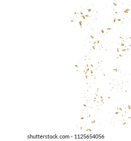  Gold confetti, ribbons. Falling glitter. Bokeh background. Abstract golden anniversary invitation template. Wedding concept card. Flying abstract particles. Explosion celebrate card.