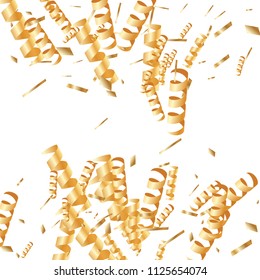  Gold confetti, ribbons. Falling glitter. Bokeh background. Abstract golden anniversary invitation template. Wedding concept card. Flying abstract particles. Explosion celebrate card.