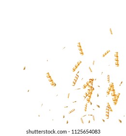  Gold confetti, ribbons. Falling glitter. Bokeh background. Abstract golden anniversary invitation template. Wedding concept card. Flying abstract particles. Explosion celebrate card.