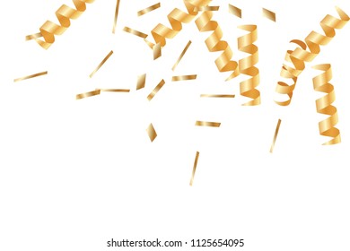  Gold confetti, ribbons. Falling glitter. Bokeh background. Abstract golden anniversary invitation template. Wedding concept card. Flying abstract particles. Explosion celebrate card.