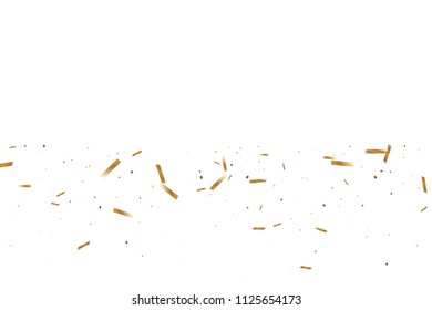  Gold confetti, ribbons. Falling glitter. Bokeh background. Abstract golden anniversary invitation template. Wedding concept card. Flying abstract particles. Explosion celebrate card.