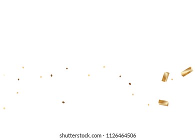  Gold confetti, ribbons. Falling glitter. Bokeh background. Abstract golden anniversary invitation template. Wedding concept card. Flying abstract particles. Explosion celebrate card.