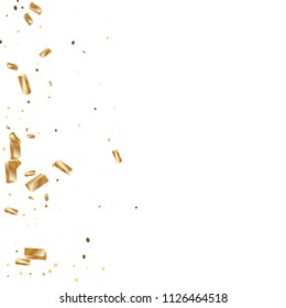  Gold confetti, ribbons. Falling glitter. Bokeh background. Abstract golden anniversary invitation template. Wedding concept card. Flying abstract particles. Explosion celebrate card.