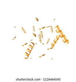  Gold confetti, ribbons. Falling glitter. Bokeh background. Abstract golden anniversary invitation template. Wedding concept card. Flying abstract particles. Explosion celebrate card.