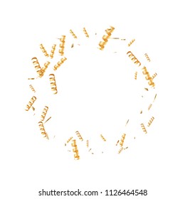  Gold confetti, ribbons. Falling glitter. Bokeh background. Abstract golden anniversary invitation template. Wedding concept card. Flying abstract particles. Explosion celebrate card.