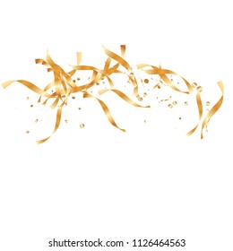  Gold confetti, ribbons. Falling glitter. Bokeh background. Abstract golden anniversary invitation template. Wedding concept card. Flying abstract particles. Explosion celebrate card.