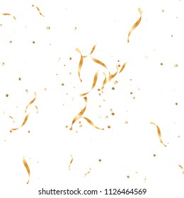  Gold confetti, ribbons. Falling glitter. Bokeh background. Abstract golden anniversary invitation template. Wedding concept card. Flying abstract particles. Explosion celebrate card.