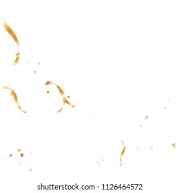  Gold confetti, ribbons. Falling glitter. Bokeh background. Abstract golden anniversary invitation template. Wedding concept card. Flying abstract particles. Explosion celebrate card.