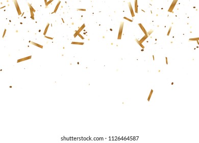  Gold confetti, ribbons. Falling glitter. Bokeh background. Abstract golden anniversary invitation template. Wedding concept card. Flying abstract particles. Explosion celebrate card.