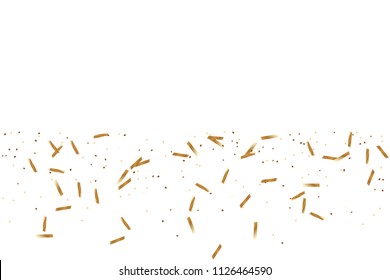  Gold confetti, ribbons. Falling glitter. Bokeh background. Abstract golden anniversary invitation template. Wedding concept card. Flying abstract particles. Explosion celebrate card.