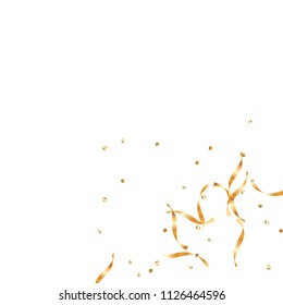  Gold confetti, ribbons. Falling glitter. Bokeh background. Abstract golden anniversary invitation template. Wedding concept card. Flying abstract particles. Explosion celebrate card.