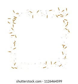  Gold confetti, ribbons. Falling glitter. Bokeh background. Abstract golden anniversary invitation template. Wedding concept card. Flying abstract particles. Explosion celebrate card.