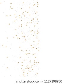  Gold confetti, ribbons. Falling glitter. Bokeh background. Abstract golden anniversary invitation template. Wedding concept card. Flying abstract particles. Explosion celebrate card.