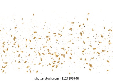 Gold confetti, ribbons. Falling glitter. Bokeh background. Abstract golden anniversary invitation template. Wedding concept card. Flying abstract particles. Explosion celebrate card.