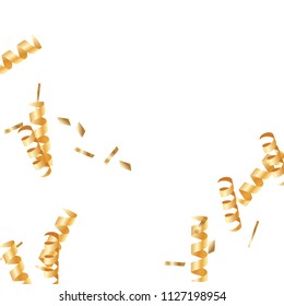  Gold confetti, ribbons. Falling glitter. Bokeh background. Abstract golden anniversary invitation template. Wedding concept card. Flying abstract particles. Explosion celebrate card.