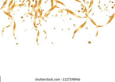  Gold confetti, ribbons. Falling glitter. Bokeh background. Abstract golden anniversary invitation template. Wedding concept card. Flying abstract particles. Explosion celebrate card.