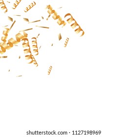  Gold confetti, ribbons. Falling glitter. Bokeh background. Abstract golden anniversary invitation template. Wedding concept card. Flying abstract particles. Explosion celebrate card.