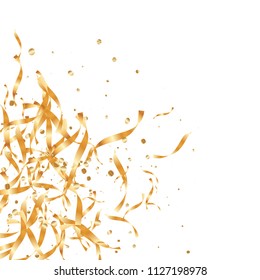  Gold confetti, ribbons. Falling glitter. Bokeh background. Abstract golden anniversary invitation template. Wedding concept card. Flying abstract particles. Explosion celebrate card.