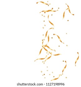  Gold confetti, ribbons. Falling glitter. Bokeh background. Abstract golden anniversary invitation template. Wedding concept card. Flying abstract particles. Explosion celebrate card.