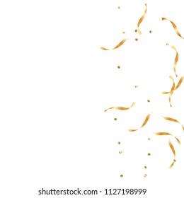  Gold confetti, ribbons. Falling glitter. Bokeh background. Abstract golden anniversary invitation template. Wedding concept card. Flying abstract particles. Explosion celebrate card.